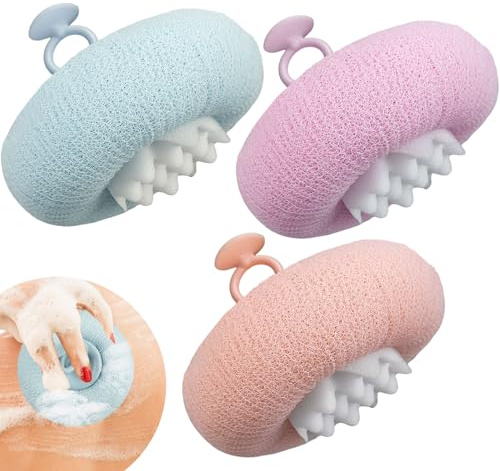 FWUNYVN 3Pcs 2-in-1 Sunflower Bath Ball, Super Soft Exfoliating Bath Sponge Cleaning Brush, Bath Loofah Sponge，Hangable Suction Cup Bath Ball for Women Men(Pink+Blue-Green+Purple)