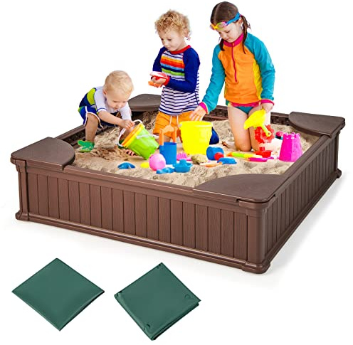 GOPLUS Bac à Sable pour Enfant avec 4 Sièges d’Angle Larges, Bac à Sable Rectangulaire avec Doublure Inférieure et Housse de Protection, Aire de Jeux Spacieuse avec Surface sans Bavures, Café (Marron)