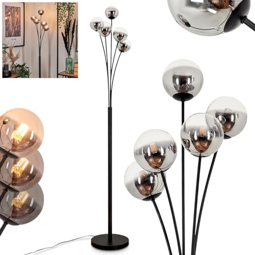 Stehleuchte Bernado, Stehlampe aus Metall/Glas in Schwarz/Rauchfarben/Klar, Leuchte im modernen Retro/Vintage-Design mit Schirmen aus Glas (Ø 10 cm), dimmbar über Fußschalter, 5x G9, ohne Leuchtmittel