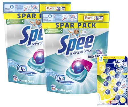 SPEE Power Caps 2x60 (120) WL Frische Kick 24H Deo-Frische Spar Pack, vordosiertes Vollwaschmittel mit 4 + 1 Formel bekämpft Alltagsgerüche & WC FRISCH Kraft Aktiv Duftspüler Lemon, 1x 200 g