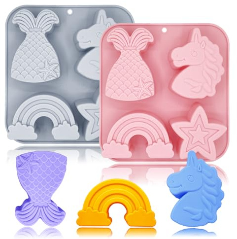 2 Pack Unicorn Molds Silicone 4 Cavity 3D Big Cartoon Themed Baking Mould Tray with Mermaid Rainbow Star for Baby Shower Birthday Party Chocolate Cake Mousse Pastry Soap Crayons Cupcake Topper