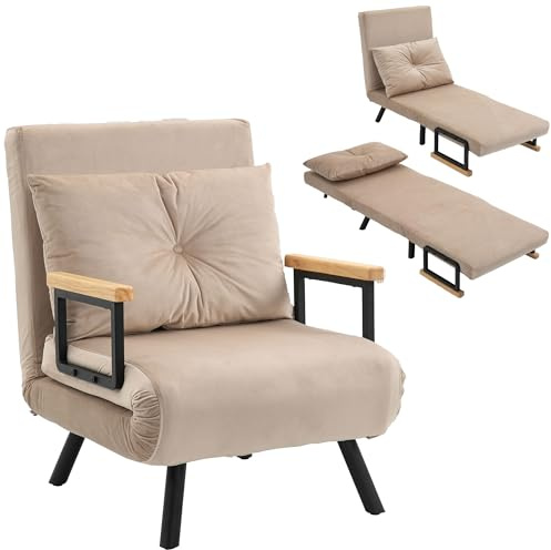HOMCOM 1-sits konvertibel fåtölj, 3-i-1 uppvärmd fåtölj med justerbart ryggstöd 5 positioner, kudde, vadderad sits, sammetsutseende tyg, gästsoffa, vardagsrum, kontor, beige