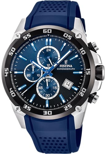 Festina Herrenuhr Analog aus Edelstahl und Kautschuk Blau F20330/A | Quarzwerk, Chronograph, Kalender, Widerstandsfähiges Mineralglas