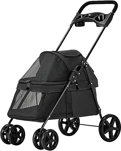Hundebuggys für kleine Hunde, Haustierbuggy für Katzen mit Getränkehalter, Premium-Hundebuggy mit Regenschutz, atmungsaktive Hundekinderwagen für Haustiere (Rosa) (Schwarz)