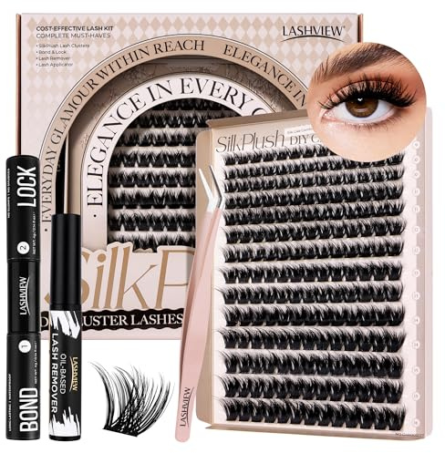 LASHVIEW DIY Lash Extension Kit, 9-16mm Mix D Curl Cluster Eyelash Extension Kit Cluster Lashes with Lash Bond and Seal, Lash Glue Remover and Lash Applicator W163