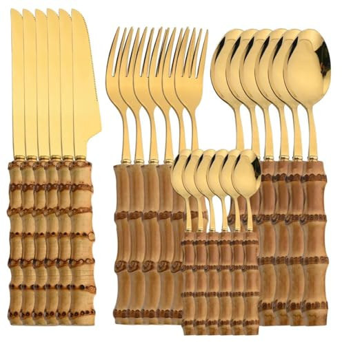 MYDESIDY Set di stoviglie da 24 Pezzi Set di Posate in Acciaio Inossidabile con Manico in bambù Set di Posate Stoviglie Coltello da Bistecca Posate