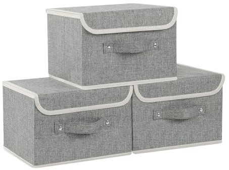 ENUMAIL 3 Pezzi Organizer Armadio Pieghevoli con Coperchi, Scatole di Stoccaggio in Tessuto con Manici, per Vestiti da Letto a Casa, Ufficio, Scuola, 26×20×17cm, Grigio
