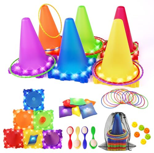 CLEMAS 35pcs Light Up Wurfspiele Outdoor-Spiele Garten Spiel, Ball & Ring & Bean Bag Toss Spiel Set,Party-Wurfspiele Kinder Erwachsene,Ringwurfspiele für Kindergeburtstag,Ostern Eier Löffel Eierlaufen