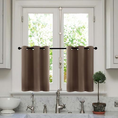 Whoiy Kurzvorhänge Braun 2er Set 76 cm Höhe, Scheibengardine Küche Verdunklung Polyester Modern Stores Gardinen Einfarbig Wohnzimmer Landhaus Küchengardinen Fenster 76x63.5cm