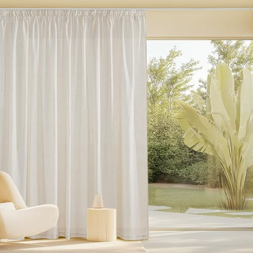 PONY DANCE Vorhang Leinen Kräuselband für Schienensystem 1er Set H 245 x B 300 cm Extra Breite Gardine Leinenoptik für Wohnzimmer Boho Vorhang Halbtransparent Linen Curtains Living Room, Beige