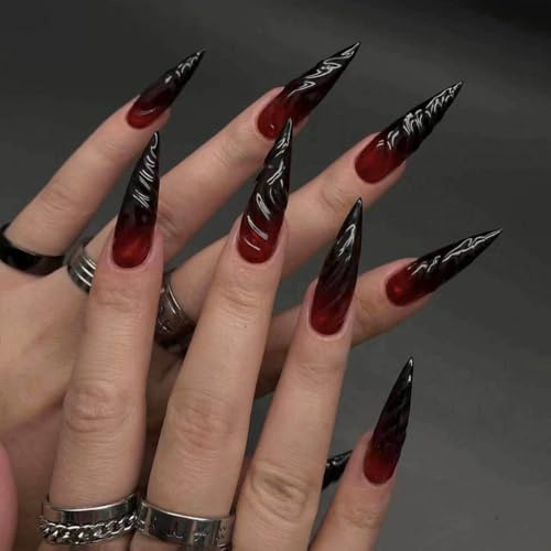 Clataly Künstliche Fingernägel, lang, spitz, Farbverlauf, 3D, für Halloween, zum Aufdrücken, Damen, 24 Stück