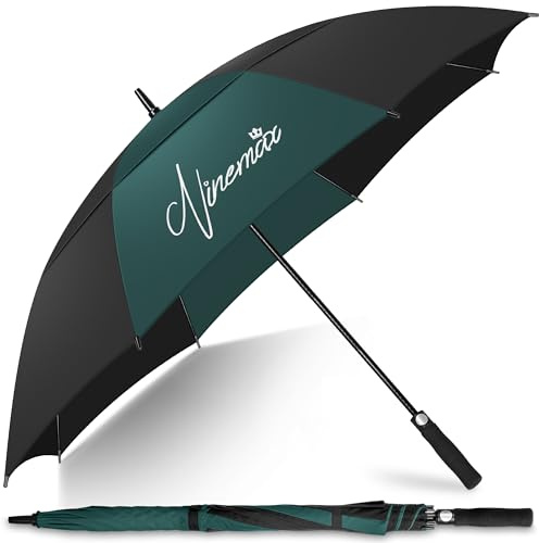 NINEMAX Paraguas Grande Antiviento, XXL Paraguas Golf Grandes, Umbrella Extra Grande Resistente Al Viento Fuerte para Hombre Mujer(Verde Oscuro/Negro)