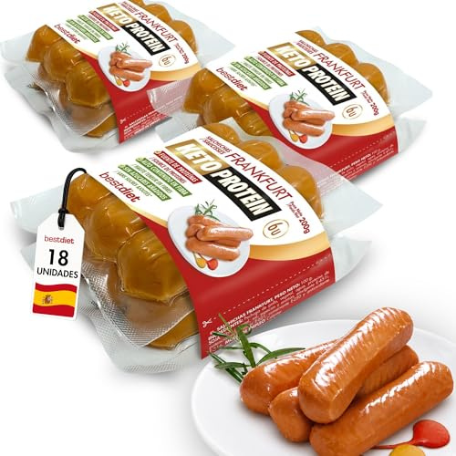 Salchichas Frankfurt Keto Protein 18 Unidades – Pack 3 x 200g – Alto Contenido en Proteínas – Bajo en Azúcares – Snack Keto y Low Carb – Alimentación Saludable – Bestdiet