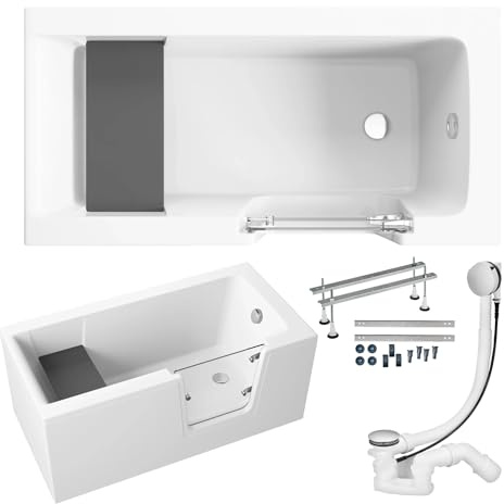 KOLMAN KOMPLETTSET 6in1 Acryl Weiß Wanne Badewanne Rechteck + AcrylSchürze, 140x70 cm, Seniorenbadewanne mit Glastür und Holzsitz AVO Rechts, Made in EU, Premium Ablaufgarnitur in Chrom & Wannenfüße