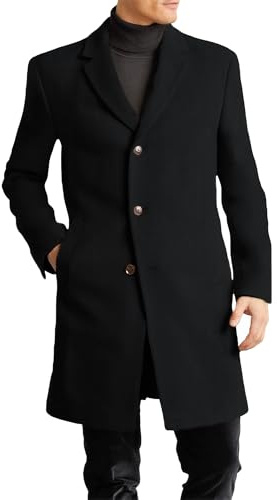 FEOYA Mens Wool Pea Coat Mid Long Single Breasted Coat Formal Winter Trench Coats for Men UK Classic Notch Lapel Woolen Coats Peacoat Black XL Button Down Overcoat Casual Outwear Cardigan Jacket Solid