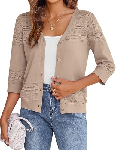 Zeagoo Cardigan da donna, bolero, maniche a 3/4, estivo, leggero, elegante, con bottoni, cachi, S