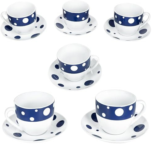 MamboCat Pula Lot de 6 tasses à café bleu foncé avec soucoupes pour 6 personnes - En porcelaine blanche à pois - Pour le petit-déjeuner et le café - 6 tasses à thé de 200 ml et 6 soucoupes