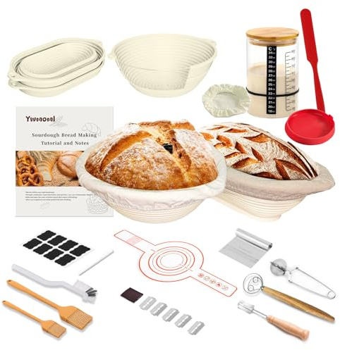 Kit de iniciación de masa madre, 26 piezas de suministros para hornear pan de masa madre, incluyendo un tarro de masa madre (34 onzas), cesta de silicona Banneton a prueba de pan juego de 2 (madera