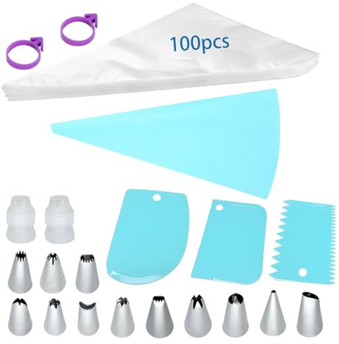 QQdou Piping Bags and Nozzles, 100Pcs 12 Inch Pastry Bags, 1 Reusable Icing Piping Bag, 3 Cake Scraper, 12 Frosting Nozzles, 2 Couplers, 2 Bag Ties, for Cake Cupcake Dessert Cookies Decoration(A)