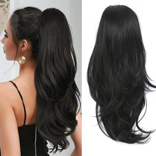 Nexyshe Ponytail Extensions Natural Black Drawstring Ponytails Hair Extensions 20inch Wavy High Layered Pony Tail Hair Pieces for Women Soft Hair Ponytail Extension