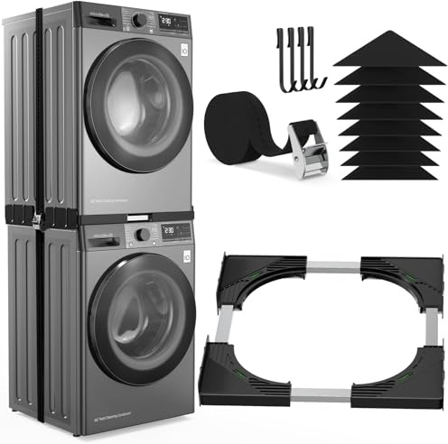 YUZEER Universal-Stapelbausatz für Waschmaschine und Trockner, Einstellbarer Rahmen für 45-68 cm, mit Ratschengurt, Anti-Rutsch, Anti-Rutsch-Pads und 4 Haken zur platzsparenden Aufbewahrung (Schwarz)