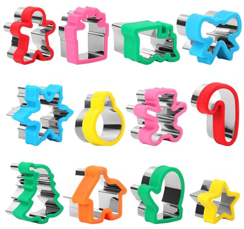 12PC Christmas Cookie Cutters with Protective Covers, Stainless Steel Bread Cutters Biscuit Cutters Sandwich Cutters with Snowflake, Gingerbread Man, House, Bear, Train