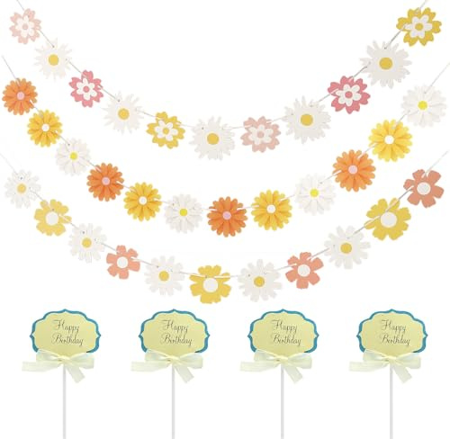 3 Stück Gänseblümchen Banner, Gänseblümchen Deko Banner Daisy Boho Banner Party Decorations Weiß Blume Papier Girlande Gänseblümchengirlande Für Mädchen Geburtstagsdeko Party Zubehör