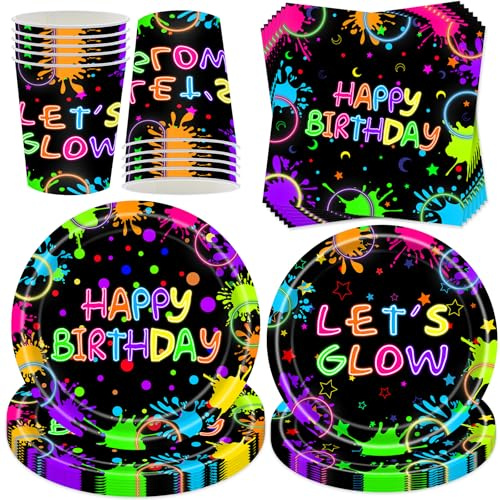 YeahBoom Lot de 50 vaisselle de fête Happy Brithday - Décoration d'anniversaire fluo - Avec assiettes en carton, gobelets et serviettes - Accessoires de fête - Pour anniversaire - Décoration de table