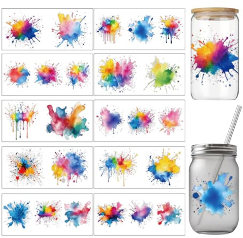 arricraft 10 Stück Aquarell Motiv Tassendruck UV Transferpapier 10 Stile Aquarell Splash PVC DIY Wärmeübertragung Aufkleber Für 16 OZ Glas Tassen Handwerk 9.5x4.3 Zoll