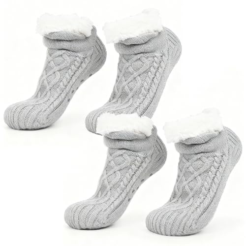 2Paa Socken Warm Hausschuhe Rutschfeste Hausschuh Socken Damen Winter Flauschige Sock Weiche Stoppersocken Grau Warme Hüttensocken Winter Weihnachtssocken Geschenk Kuschelsocken Damen Bodensocken40-42