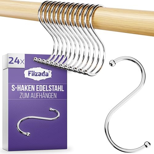 Filzada® 24x S Haken Edelstahl Silber - Metall Haken zum Einhängen Küche | Edelstahlhaken zum Aufhängen von Töpfen, Pfannen, Tassen - S-Haken Klein rostfrei - Küchenhaken, Metallhaken - ohne Bohren