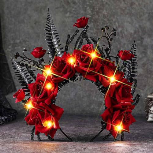 Unicra Tag der Toten Kopfband Licht Up Halloween Kopfbänder LED rote Blume Haar Zubehör für Frauen