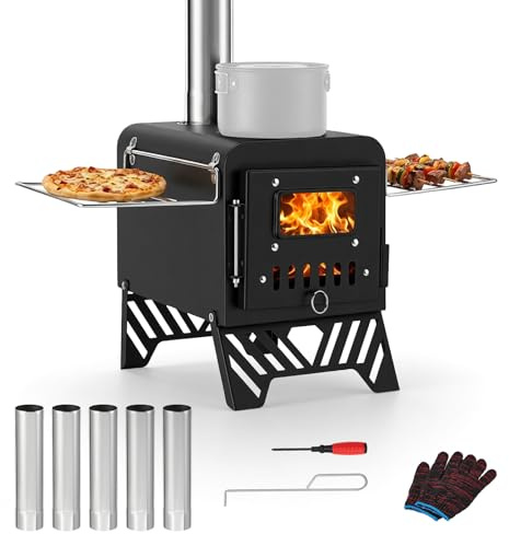 Portable Wood Burning Tent Stove — Foldable Camping Log Burner with Chimney Pipe, Side Shelves & Fire Poker | Hot Tent Heater for Winter Outdoor Heating & Cooking