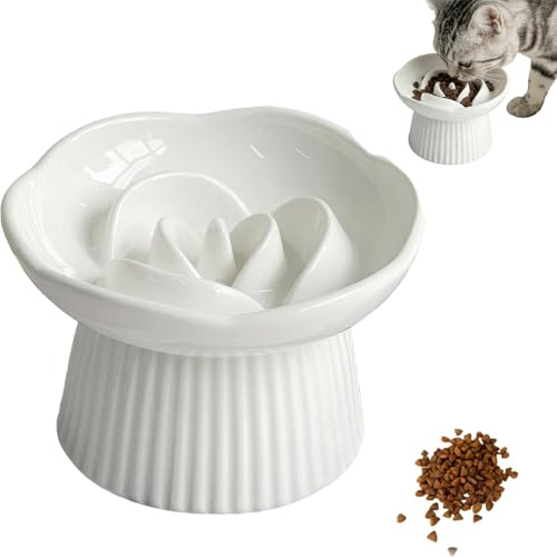 Anti Schling Napf Katze Erhöht, Keramik Antischlingnapf Katze, Slow Feeder Schlingnapf Katze für Katzen und kleine Hunde (Weiß)