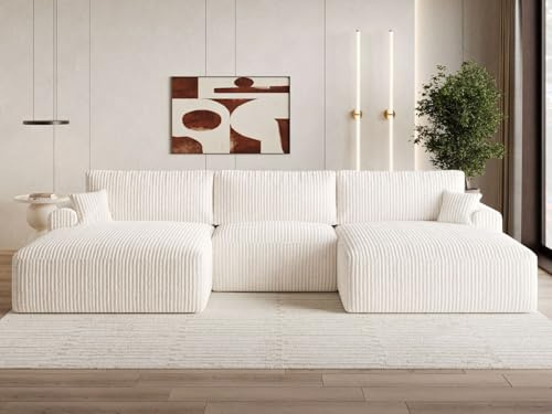 GRAINGOLD Serene U Ecksofa mit Schlaffunktion & Bettkasten 391x145 cm, U-Form Sofa mit Stauraum, Schlafcouch für Wohnzimmer, Cord-Stoff, 5-Sitzer Wohnlandschaft, Modernes Design (Creme)