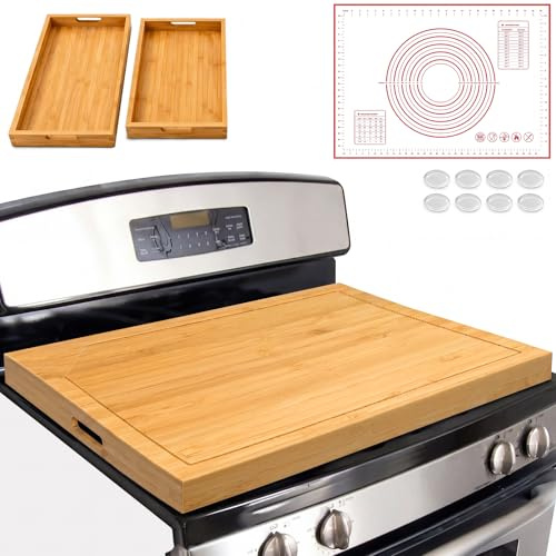 Bamboo Hob Cover with Handle 75 x 55 cm, Wooden Stove Top Cover for Gas & Electric Hobs, Kitchen Worktop Tray with Juice Groove, Silicone Pastry Mat and 2 Serving Trays
