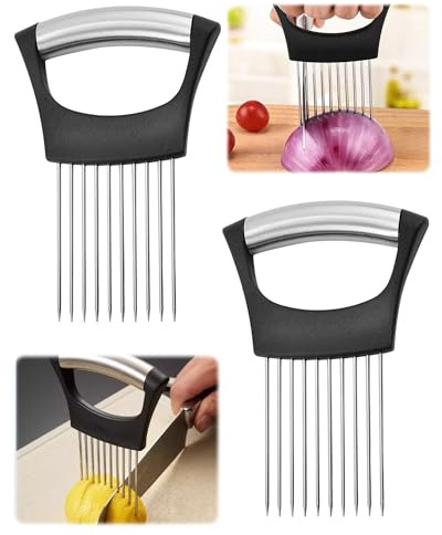 Fonyiunce Soporte de Ceboll, 2 Rebanador de Cebolla, Adecuado para Cortar Carne, Verduras, Frutas, etc., Utensilios de Cocina de Acero Inoxidable, con 10 Dientes