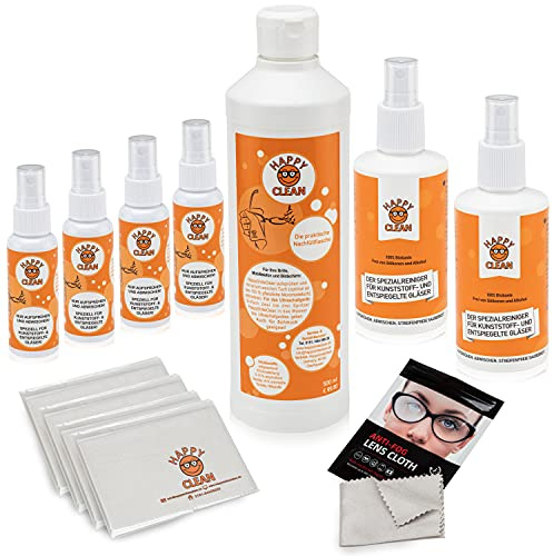 HAPPY CLEAN Familienpaket | Brillenreiniger | Spezialreiniger für Kunststoffgläser, entspiegelte Gläser & Oberflächen | Streifenfreie Sauberkeit | Silikon- & Alkoholfrei | 100% Biobasis