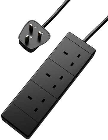 rhinocables 13A Mains Extension (5m, Black) | UK 3 Gang Socket Cable for Everyday Electronics, BS1363/A Certified 230V Wire for Home & Workplace Setups, Black