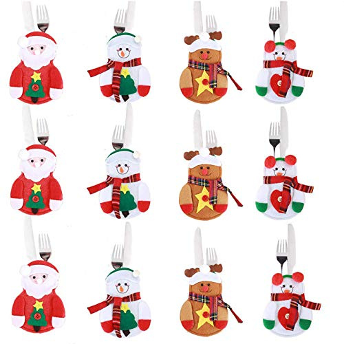 Annhao Portaposate Natalizie, 12 Pezzi Set Portaposate Natalizie da Babbo Natale Tasche Posate per Forchetta Cucchiaio Decorazione della Tavolo di Natale, 4 Stili