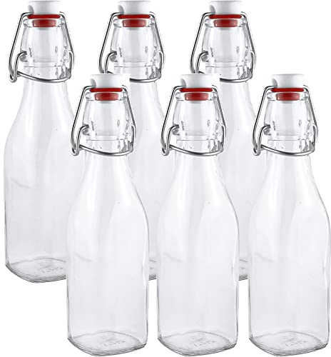 Estilo Swing Top Easy Cap Clear Glass Bottles with Caps, Round, 8.5 oz, Set of 6 - Standard Size, Flip Top Glass Bottles to Store Home Brews, Oils, Vinaigrettes, Wines, Beer, Teas - Syrup Bottles
