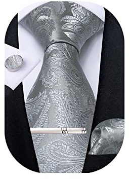 DiBanGu Män slips näsduk silke paisleymönstrad blommig slips ficka fyrkantig manschettknappar slipsklämma set, Silver grå, 150