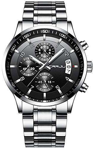 CRRJU Orologio Uomo da Polso Cronografo Impermeabile Analogico Quarzo, Classico Acciaio Inossidabile Cinturino, Sportivo Cronometro, Elegante Orologi, Quadrante Grande con Data (Argento Nero)