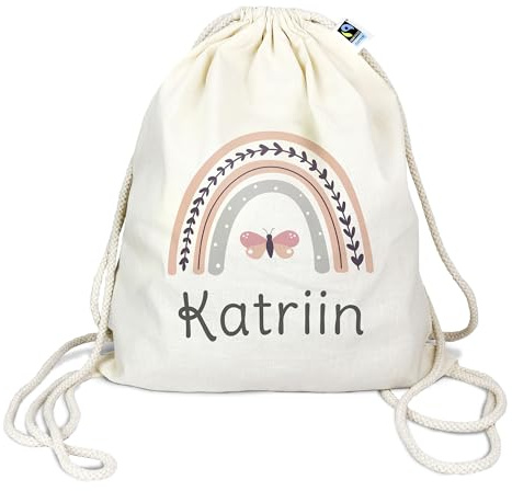 Manilu Bio Turnbeutel mit Namen personalisiert & Bedruckt | Motiv Regenbogen | Stoffbeutel Schuhbeutel Sportbeutel Wäschebeutel Rucksack für Kinder Jungen & Mädchen | inkl. NAMENSDRUCK