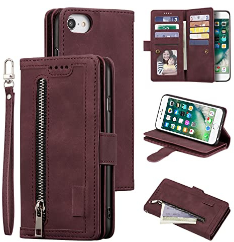 UEEBAI Étui Portefeuille pour iPhone SE 2022 5G/iPhone 7/iPhone 8/iPhone SE 2020, 9 Fentes pour Cartes - Poche zippée, Fermeture éclair, Support, Fermeture magnétique, dragonne, Rouge vin