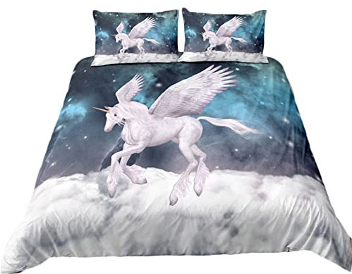 Mateju Bettwäsche 2/3 teilig Microfaser, Weiche Bettbezüge Set Bettwäsche Set 3D Einhorn Druck Bettwäsche-Set mit Reißverschluss 1 Bettbezug und 50x75cm Kissenbezug (200x200cm,Milchstraßen Wolken)