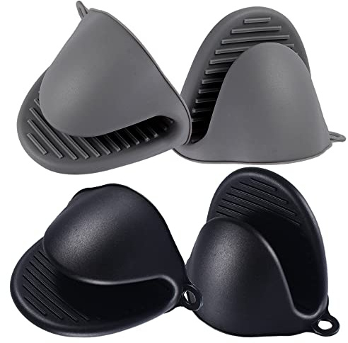 Acronde 2 Paar Mini-Ofenhandschuhe aus Silikon, hitzebeständig, zum Kochen und Backen (Schwarz und Grau) | Hitzebeständige Silikon-Pinch-Handschuhe, Topflappen für Küche, Kochen und Backen