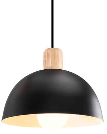 iDEGU Ø20cm Hängelampe Retro E27 LED Hängeleuchte Moderne Skandinavisch Deckenleuchte aus Metall Holz Pendelleuchte für Schlafzimmer Esszimmer Küche Restaurant (Schwarz, 1 Stück)