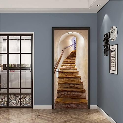 FLFK 3D Stone Ladder Door Stickers Peel and Stick 77x200cm,Self-Adhesive Door Wallpaper Poster Murals Decal for Bedroom Decor(2Pcs/Set)