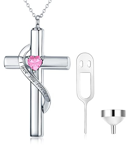 SOULMEET Crystal Cross Halskette für Asche Sterling Silber Ich liebe dich für immer Birthstone Kreuz Urne Halsketten für Keepsake Kremation Schmuck für Haustier menschlichen Asche